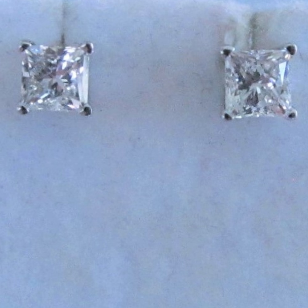 1 Carat Princess Cut Diamond Earrings 14 Karat WG